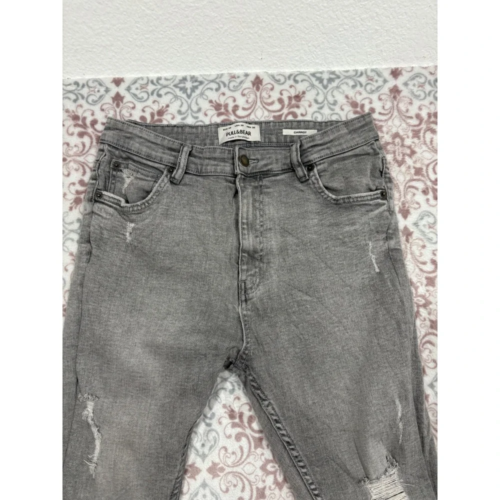 Pull&Bear Mens Grey Distressed Carrot Fit Tapered Jeans Size 32 Slim Stretch